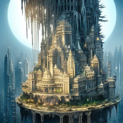 Ivory Crystal Bonsai Cityscape: Digital Matte Painting