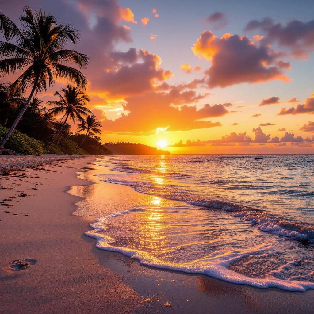 Breathtaking Beach Sunset with Fiery Sky and Palm Trees