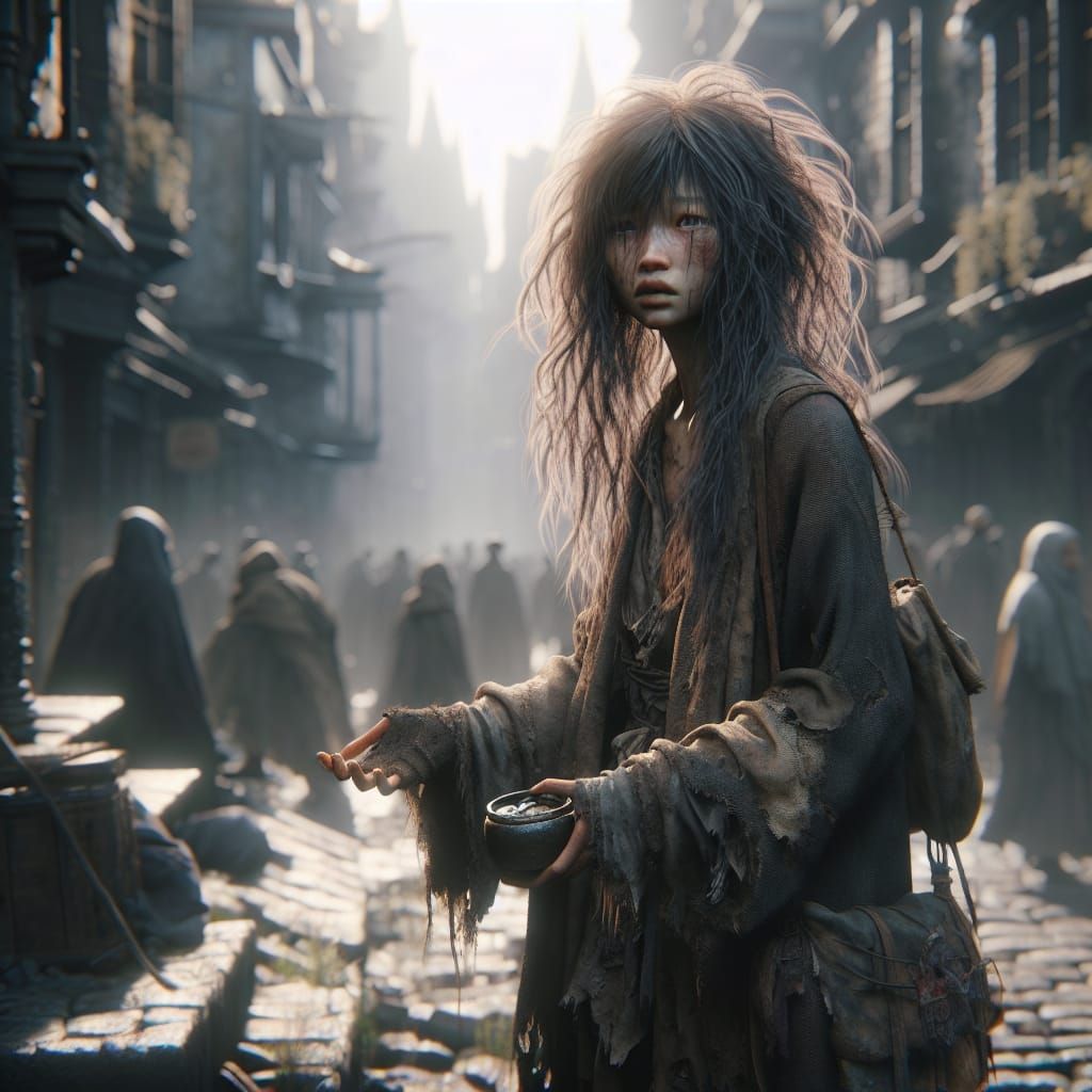 Homeless Girl Begging in Bustling Fantasy City