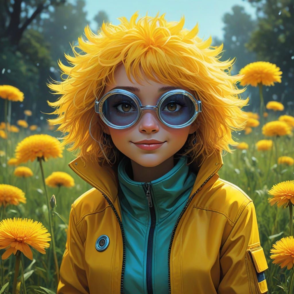 Vibrant Dandelion in Yellow Jacket Under Morning Dew