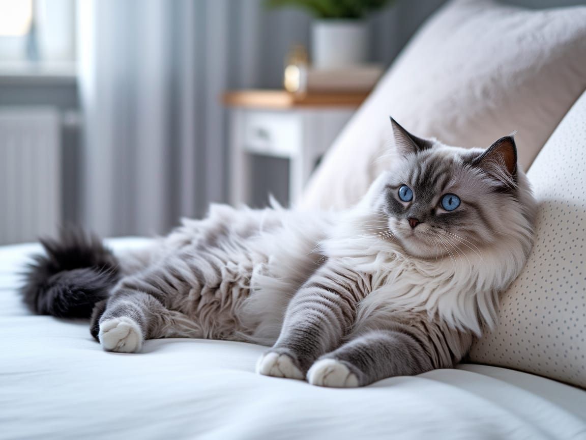 Photorealistic Ragdoll Cat with Blue Eyes Relaxing on a Whit...