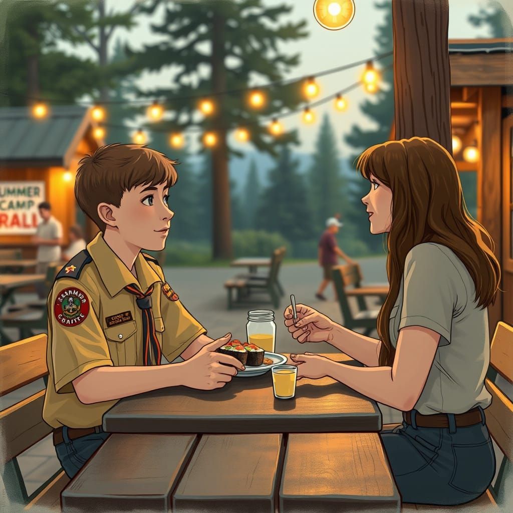 Boy Scout Shares Sushi with Friend at Summer Camp