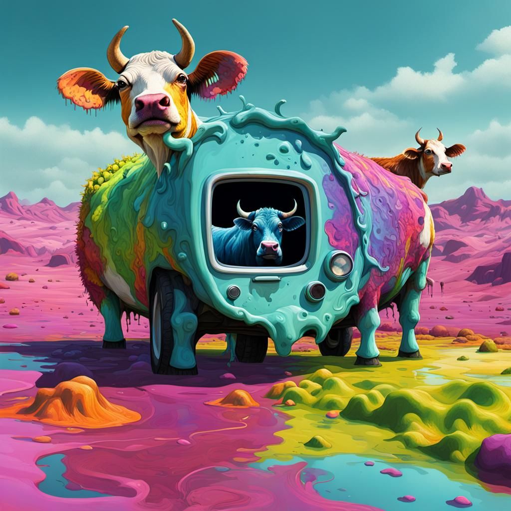 Surreal Melting Cows with Inverted Colors
