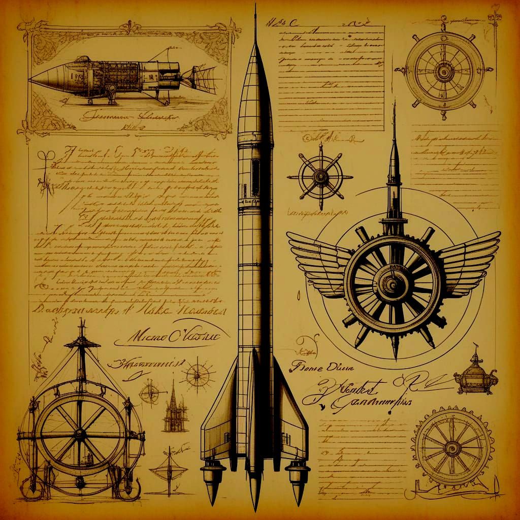Renaissance Rocket Design in Sepia-Toned Ink