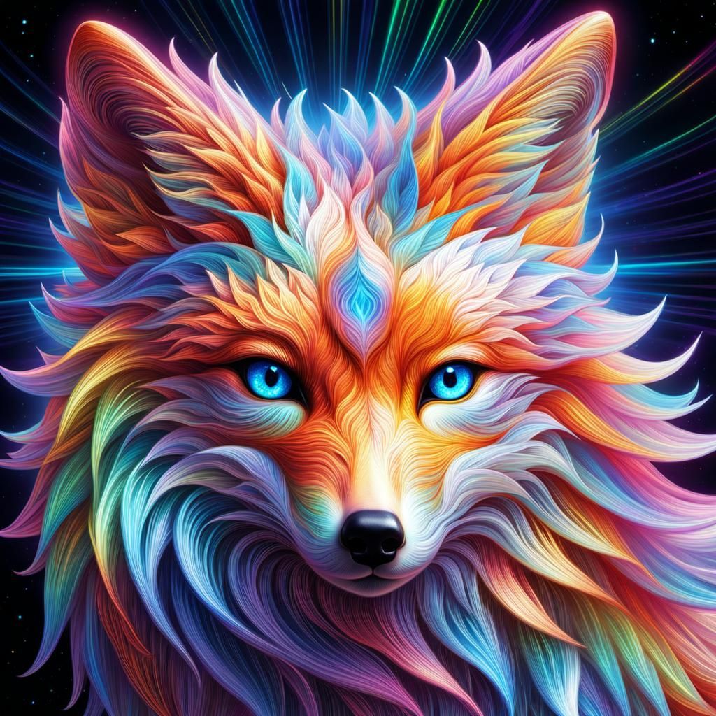 Holographic Nine-Tailed Fox with Rainbow Line Art