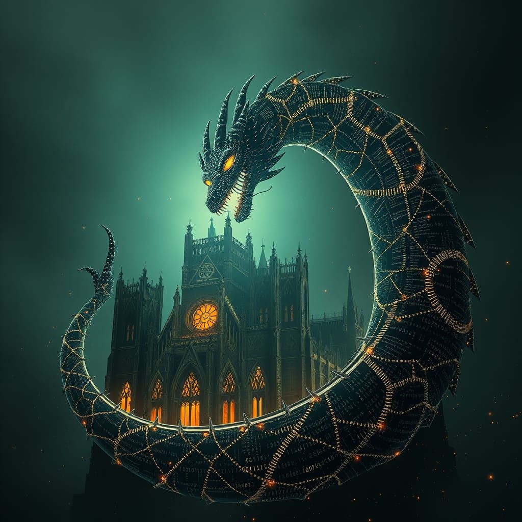 Colossal Code Dragon Coiled Around Digital Gothic Cathedral