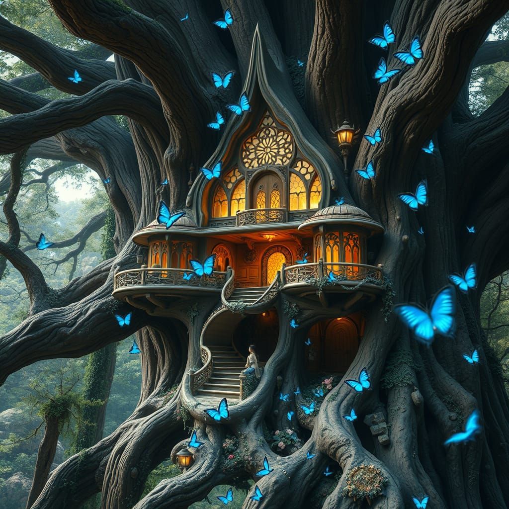 Woman in Sequoia Treehouse with Blue Butterflies