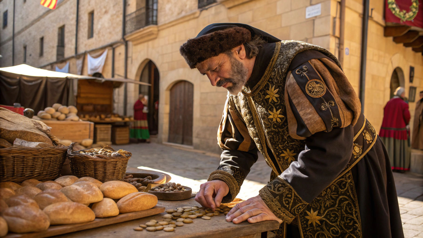 Medieval Merchant Counting Coins in Hyperrealistic Style