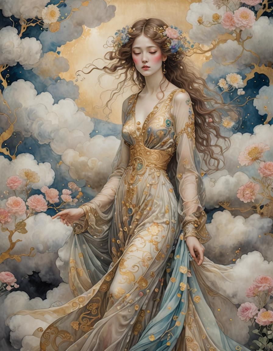 Ethereal Woman Surrounded by Flowers, Art Nouveau Style