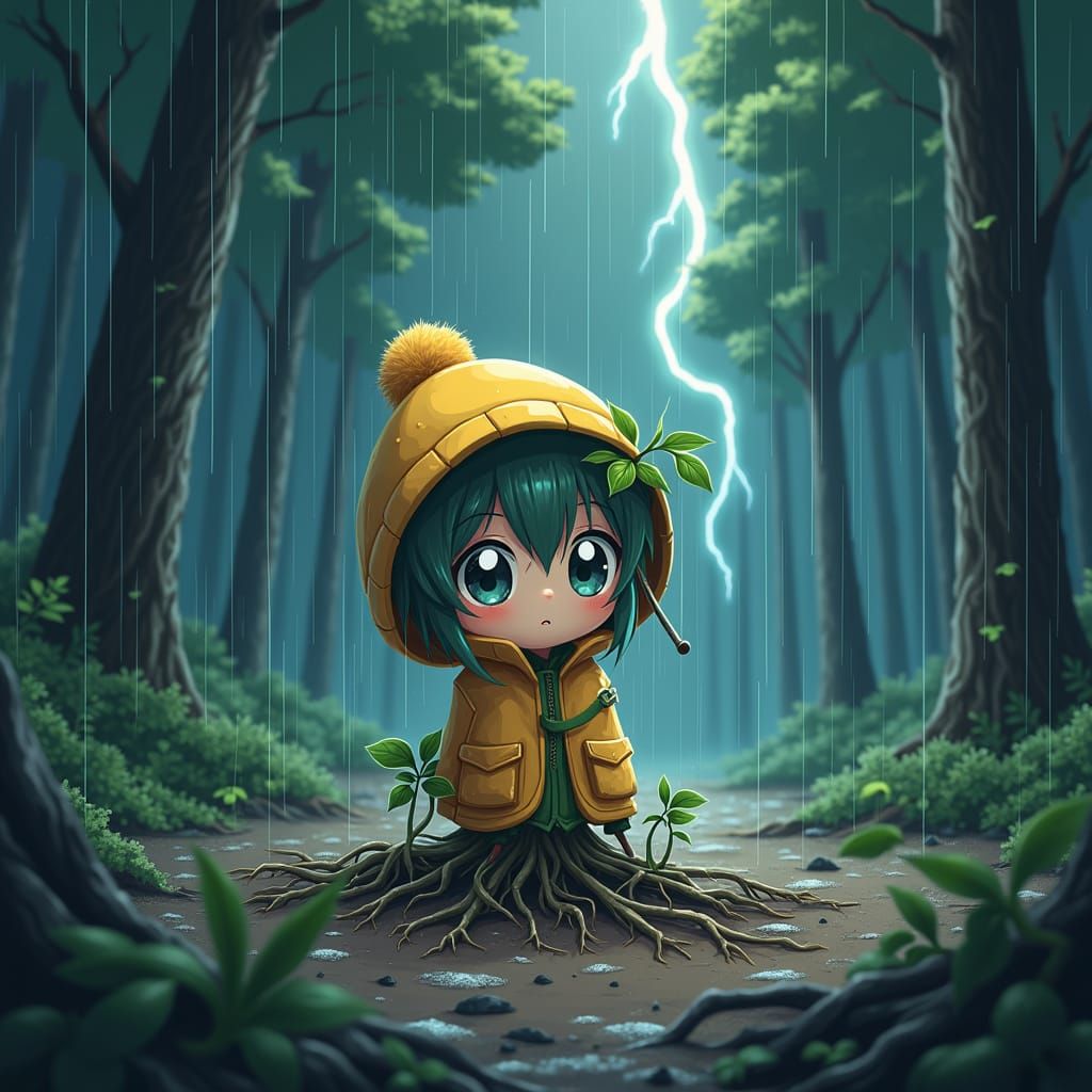 Cartoon Plant's Struggle in Stormy Anime Landscape