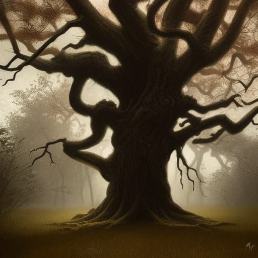 Sinister Oak Tree in Dark Fantasy Style