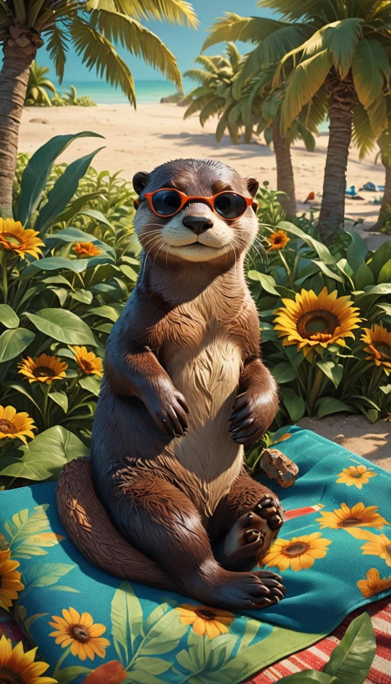 Cool Otter Lounging in Summer Garden: 3D Pixar Animation