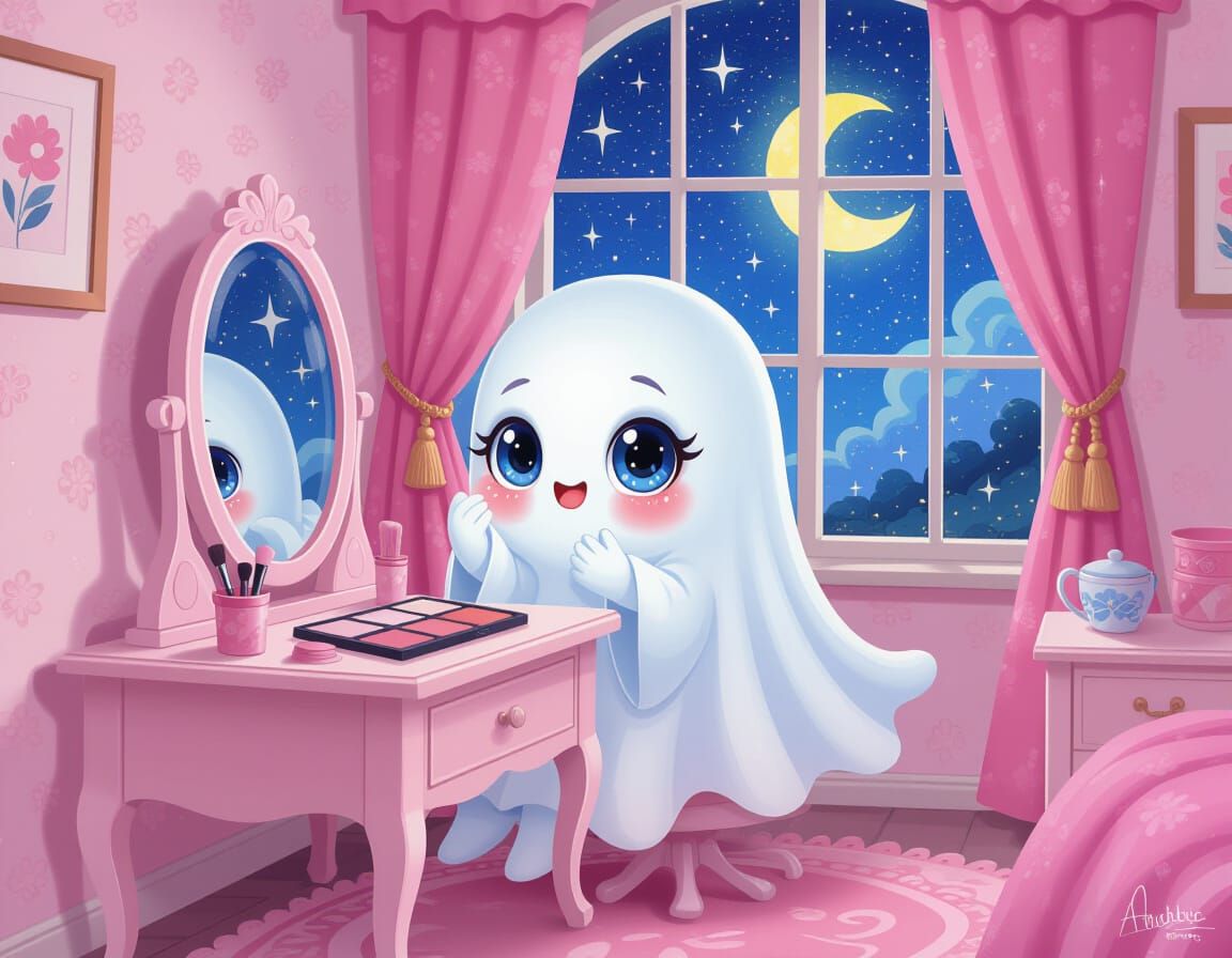 Chibi Ghost Applies Makeup in Pink Bedroom
