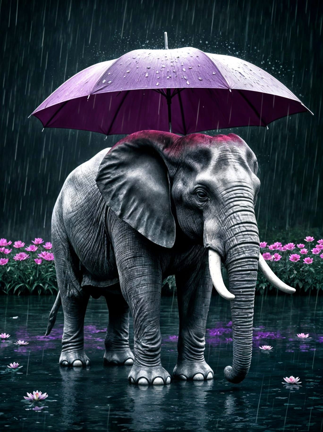 Silver Elephant Stands Under Dark Purple Umbrella on Rainy D...