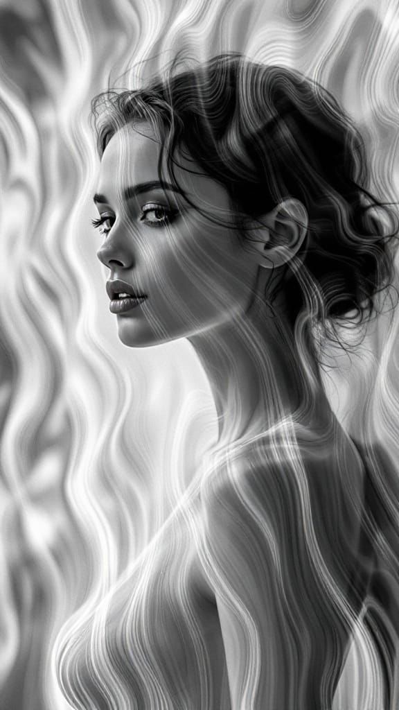 Ghostly Female Figure in Wavy Moiré Pattern