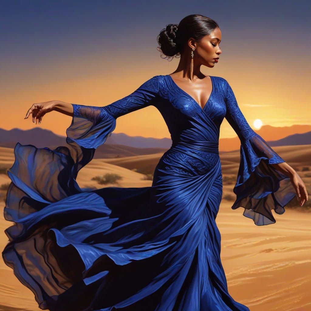 Black Flamenco Dancer in Moonlit Desert, Expressionist Paint...
