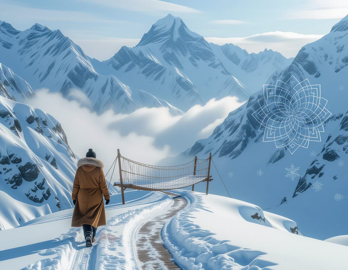 Mountain Ascent to Rope Bridge in Photorealistic Style