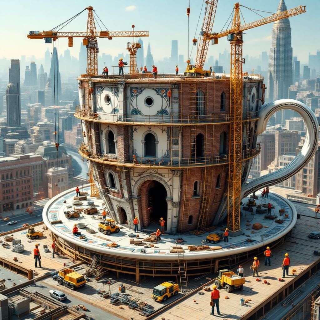 Colossal Teacup Construction: A Whimsical Metropolis Scene