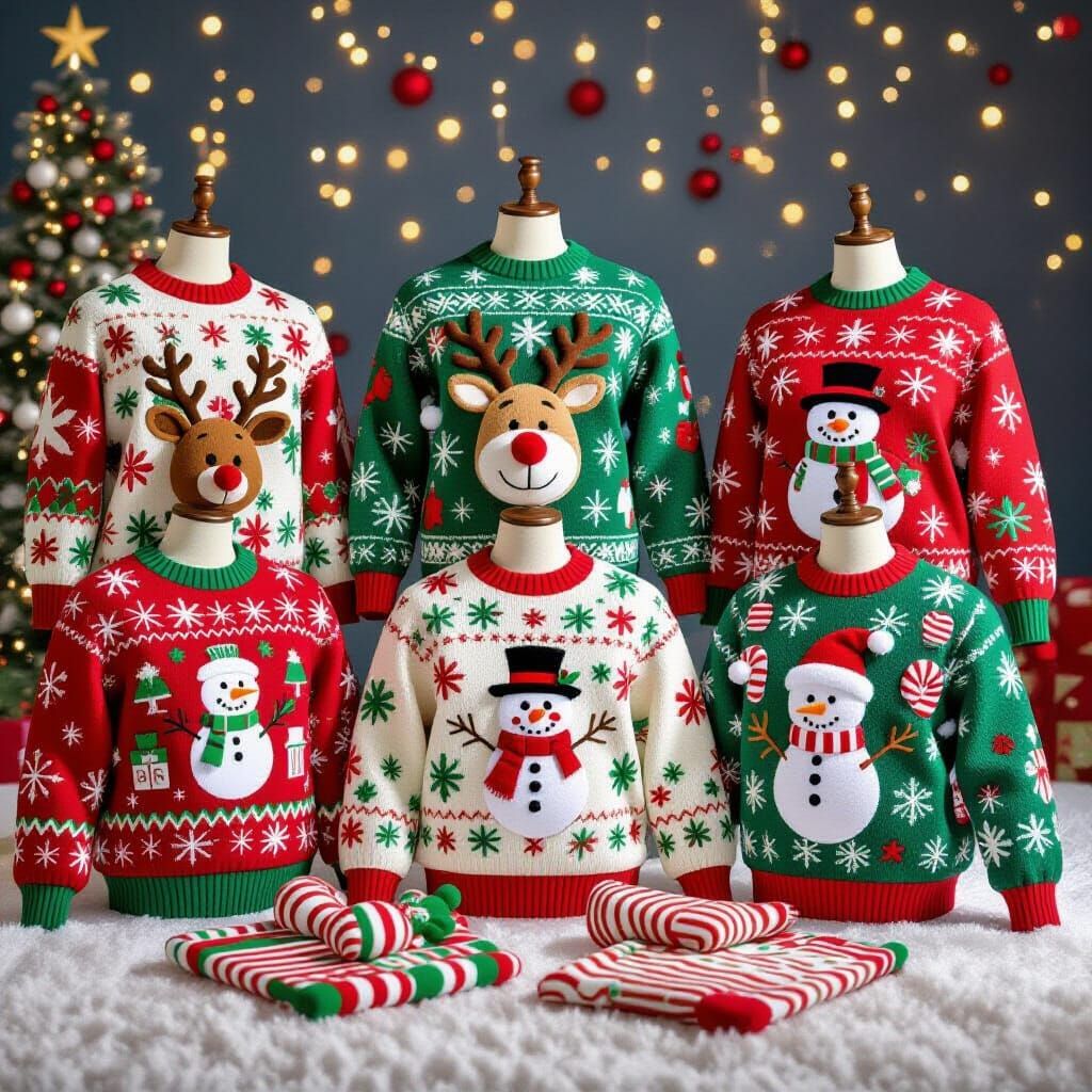 Hilariously Ugly Christmas Sweaters in Cartoon Style