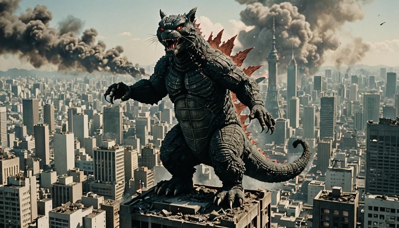 Giant Kitten Kaiju Attacks Tokyo in Toho Film Style
