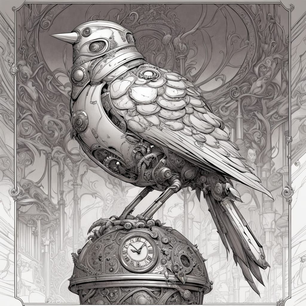 Steampunk Automaton Bird in Foggy Alleyway