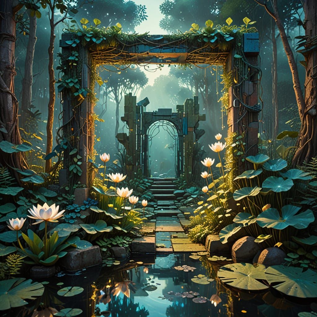 Cubist Fountain in Forest with Geometric Flora