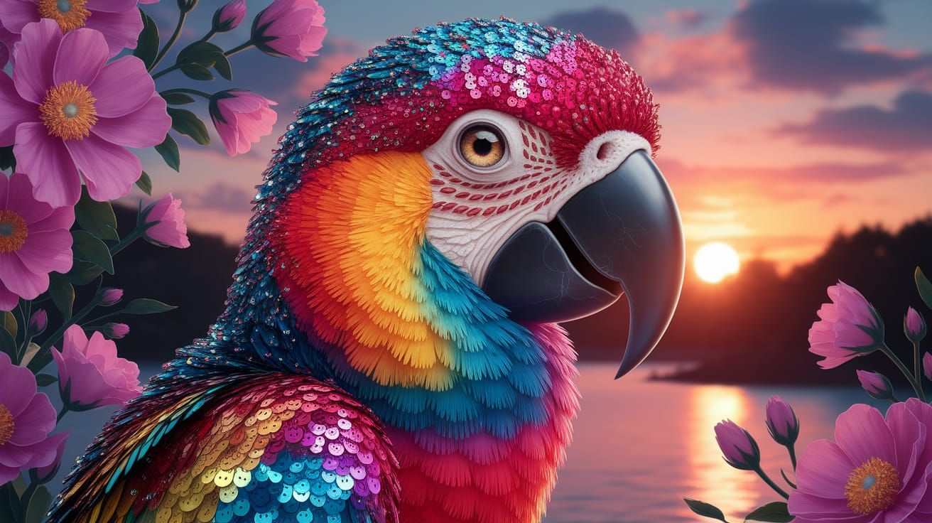 Mythical Parrot in Sparkly Sequins and Multichromatic Blooms