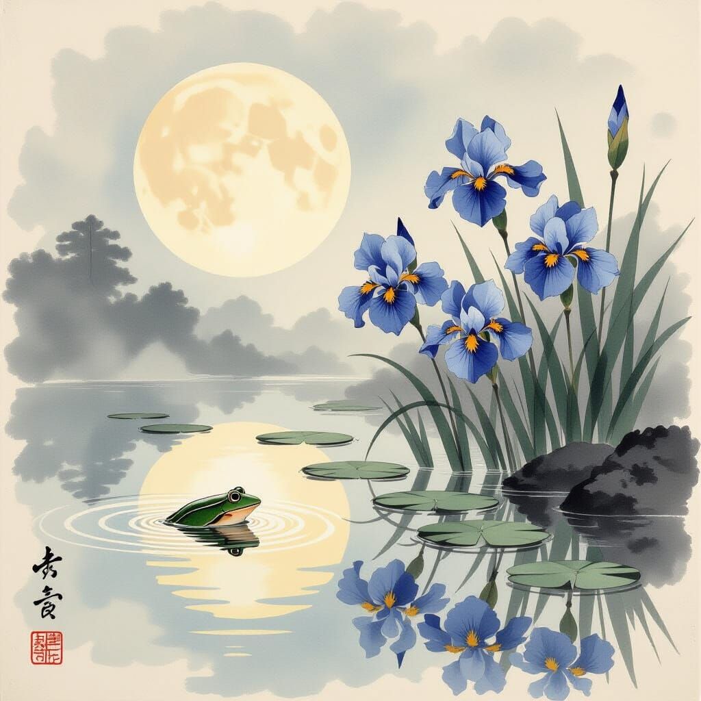 Blue Irises Bloom: Ukiyo-e Japanese Pond Scene