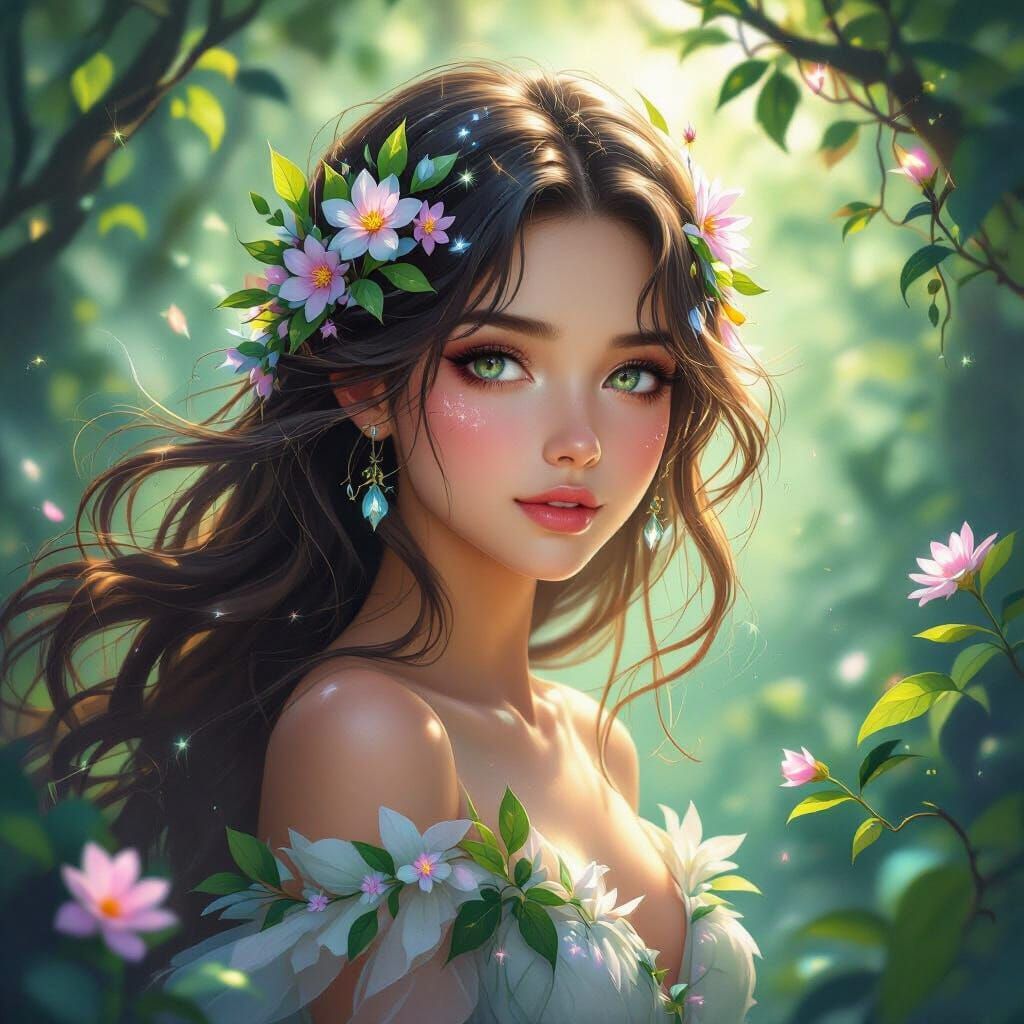 Flower Spirit Woman in Magical Forest - High Fantasy Art