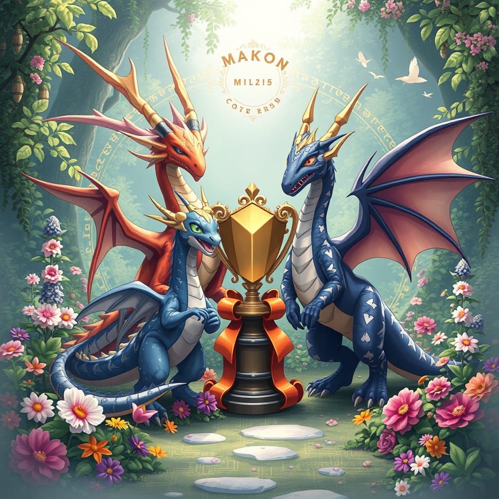 Dragons and Digimon in Enchanted Garden with Trophy