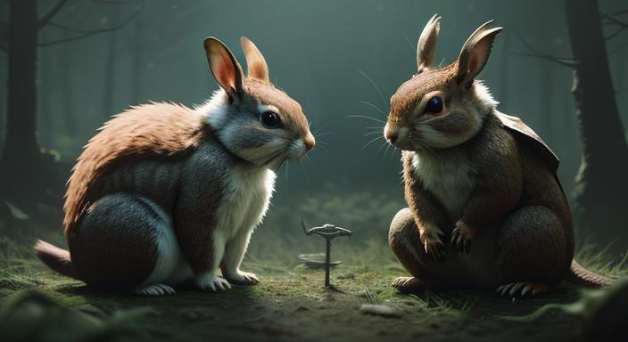 Bunny in Dragon Mask Surprises Squirrel: Anime Art