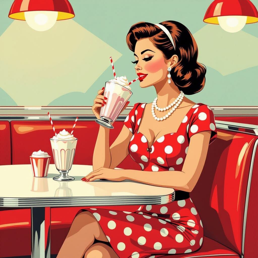 Retro Diner Scene: Woman in Polka Dots, Vector Art