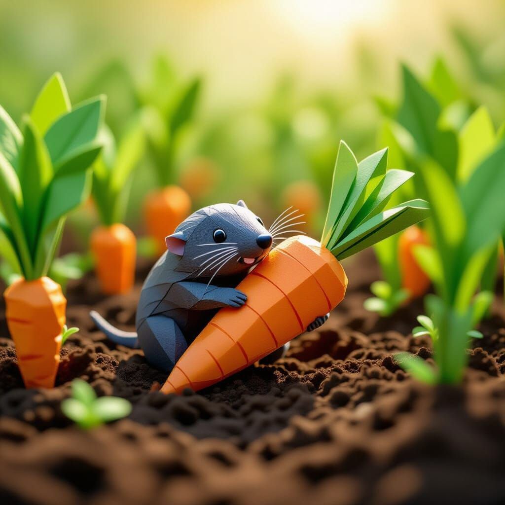 Mole Hugging Carrot in Papercraft Diorama
