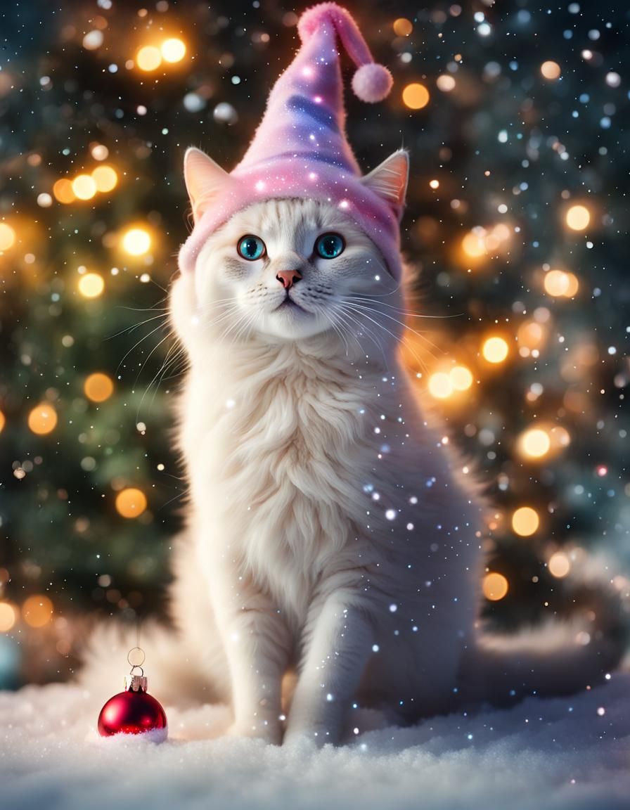 Sparkling Magic Cat in Elf Hat with Christmas Tree