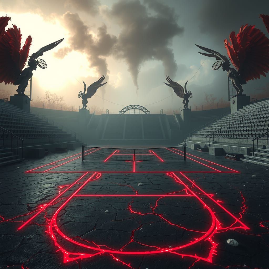 Cosmic Ruin: Abandoned Tennis Court in Divine Desolation