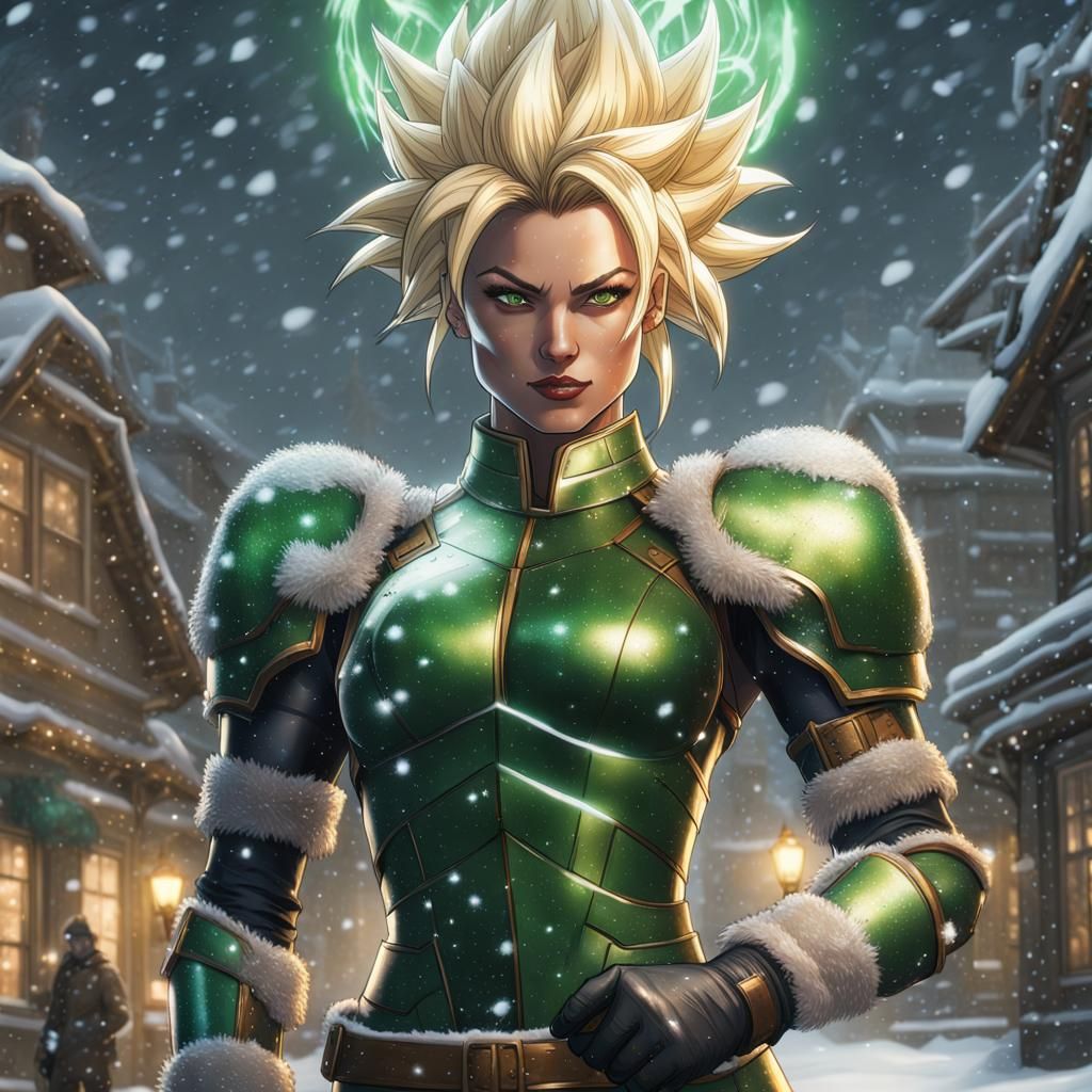Festive Super Saiyan Woman in Winter Town