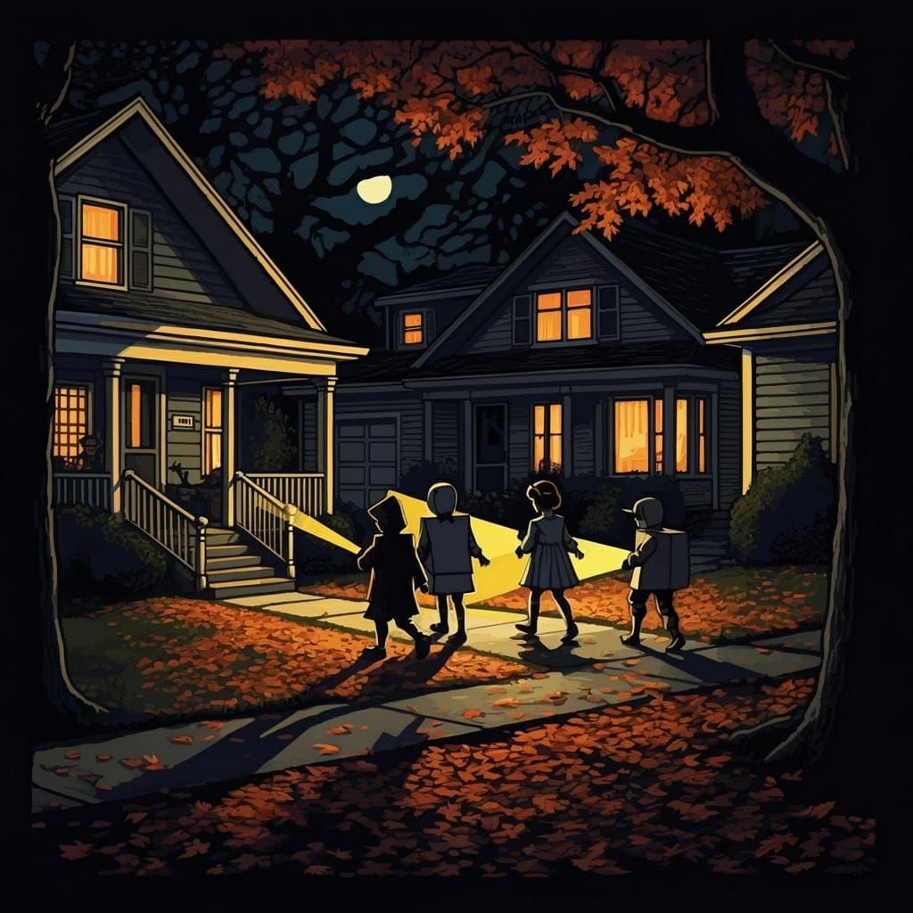 woodcut, blockprint, linocut, relief print. A dark, moonlit ...