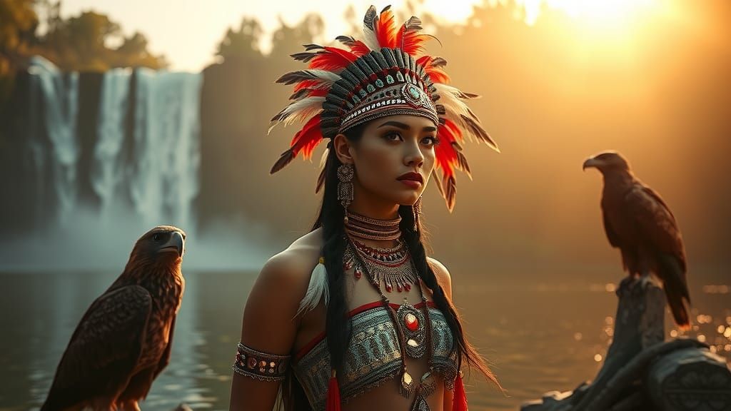 Indian Maiden by Lake with Waterfall, Cinematic Lighting