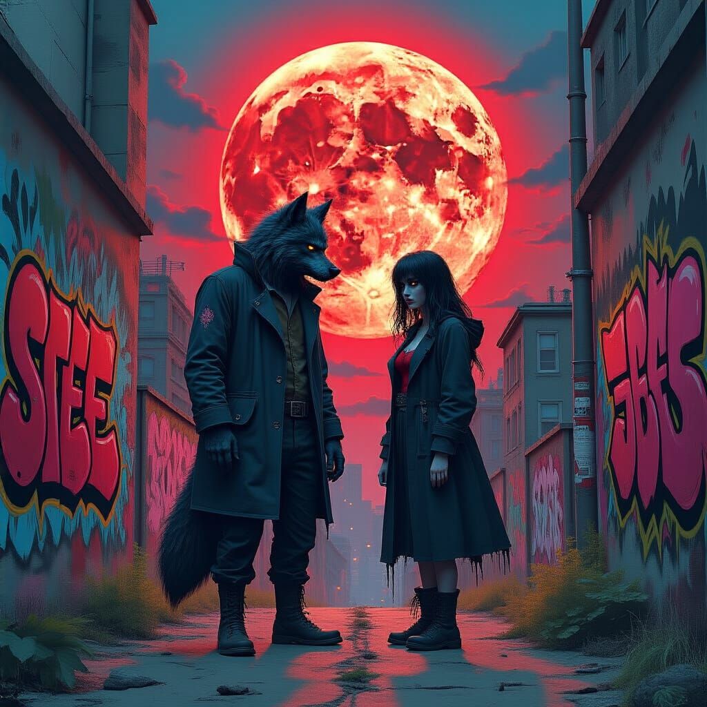 Werewolf and Vampire in a Neon Urban Landscape