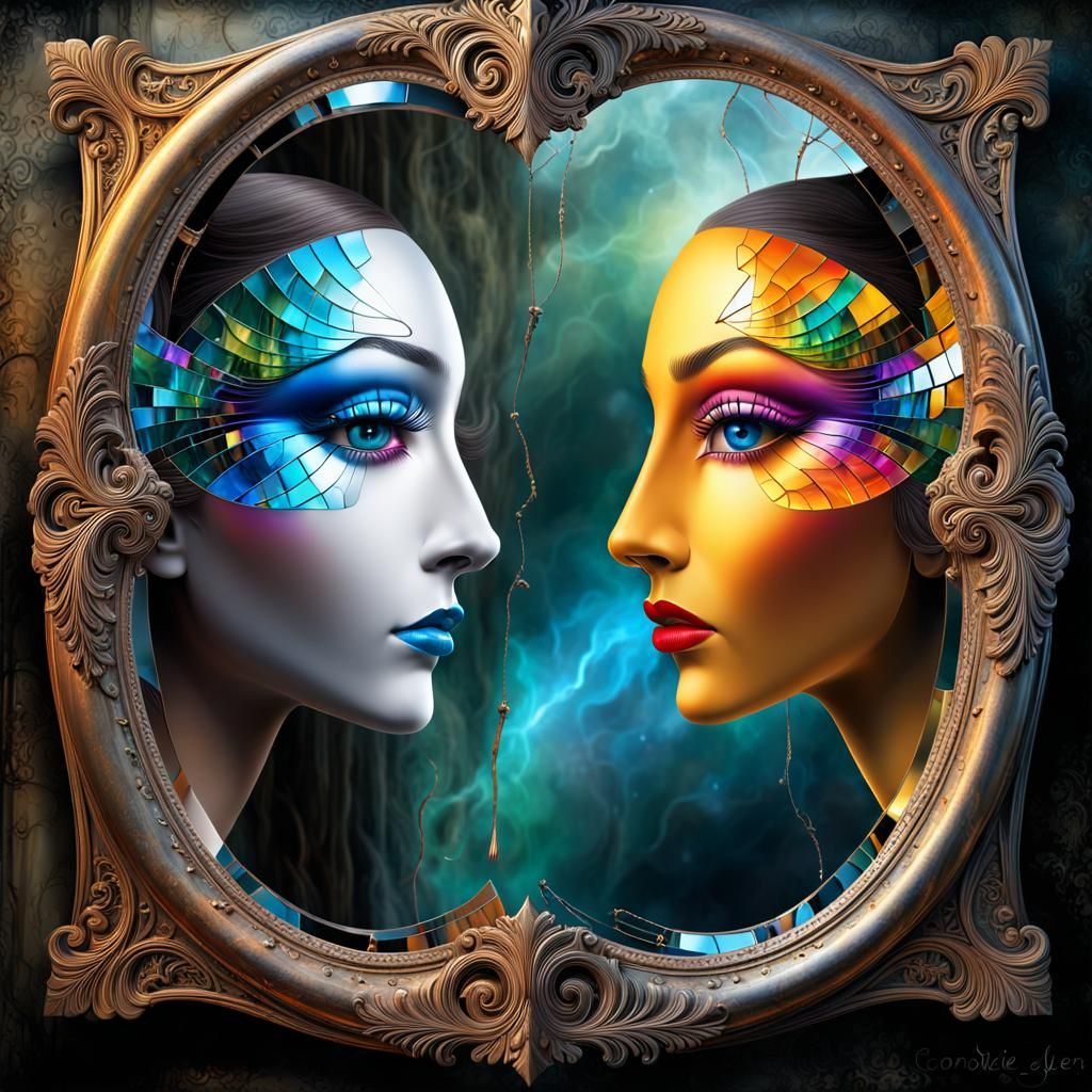 Fractured Reflections: A Mirrored Portrait in Airbrush Art