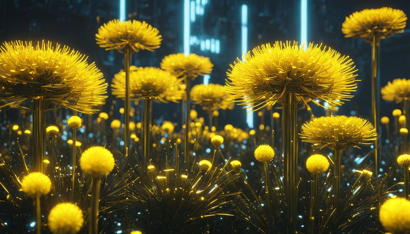 Cyberpunk Dandelions in a Futuristic Garden