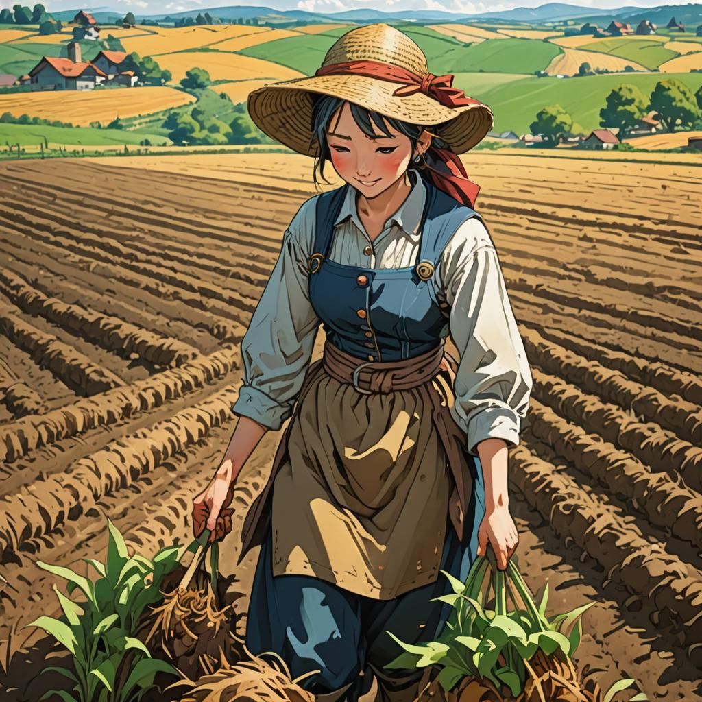 Peasant Woman Sowing Field: Cel-Shaded Anime Style