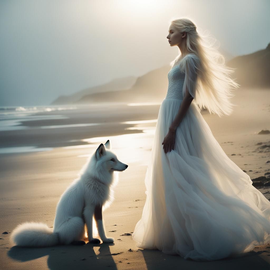 Girl and Fox on Misty Beach in Cinematic Style