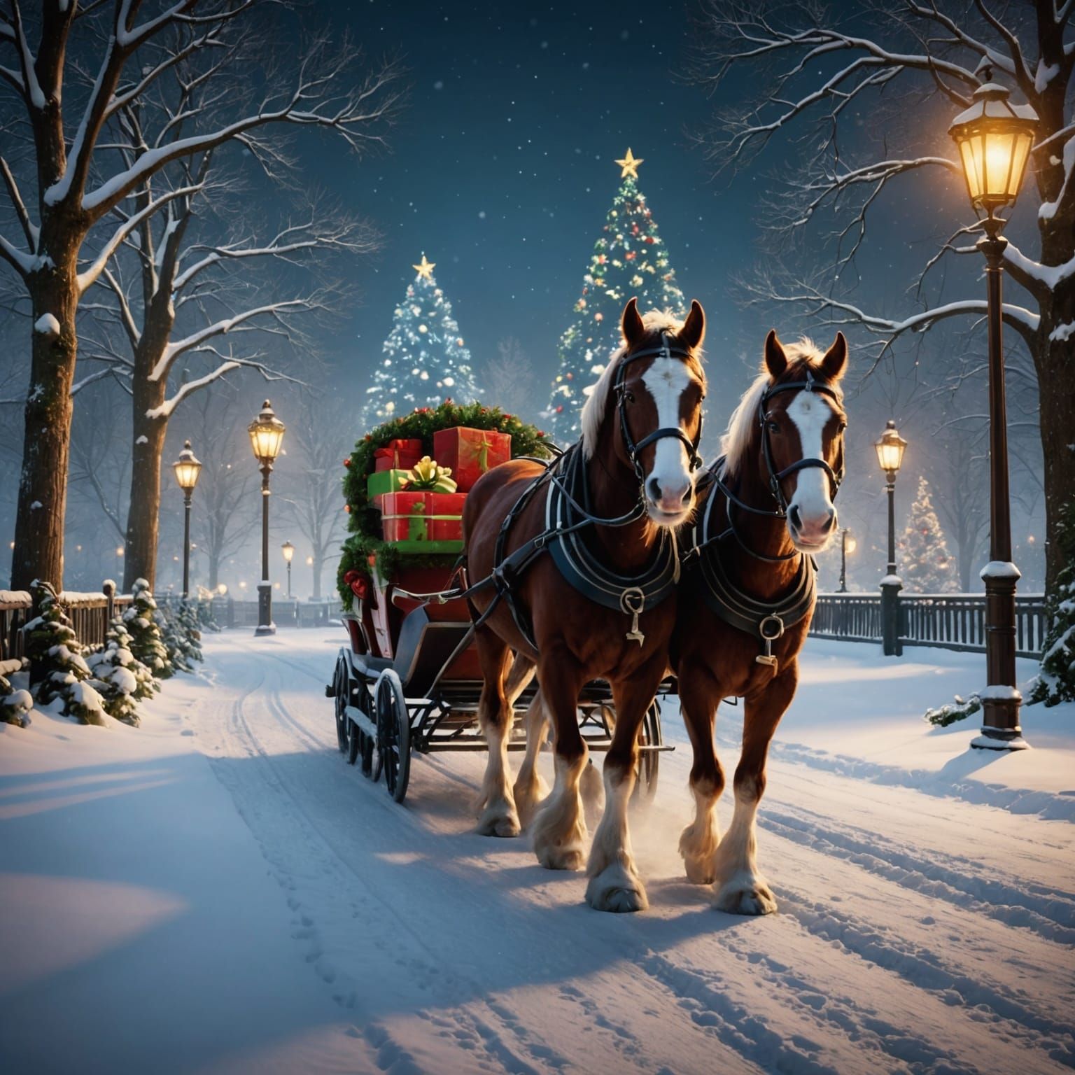 Christmas Clydesdales Sleigh Ride: Detailed Matte Painting