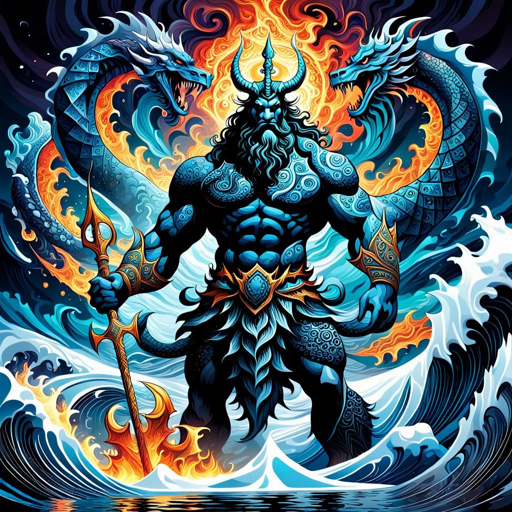 Poseidon Strikes in Fractal Sea Fantasy
