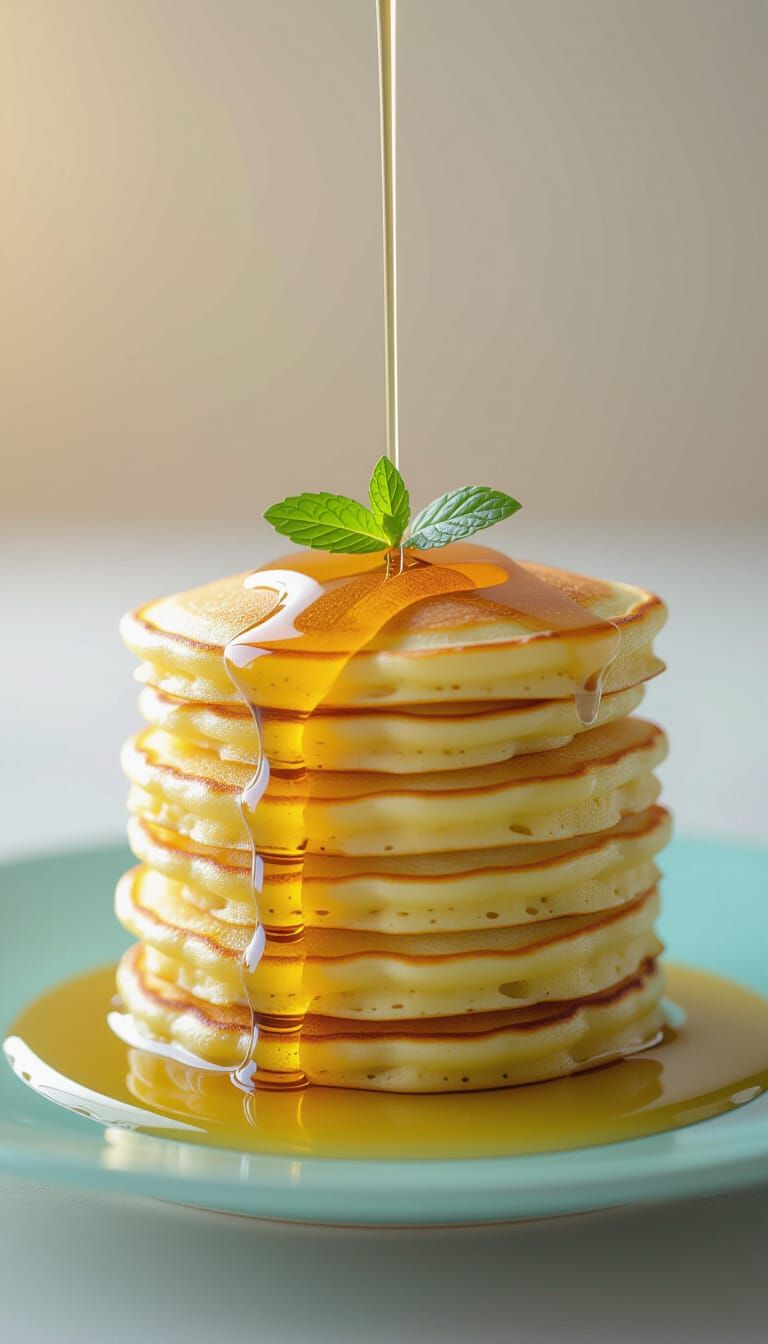 Fluffy Pancake Stack with Dripping Syrup in Golden Hour Ligh...
