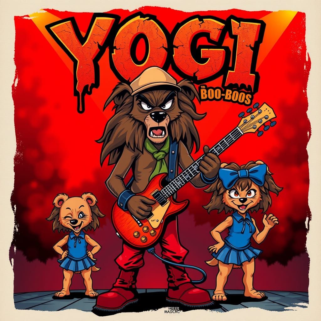 At the top of the canvas, Distressed metallic dripping horror text that says "YOGI & the Boo-Boos" in red and black rock...