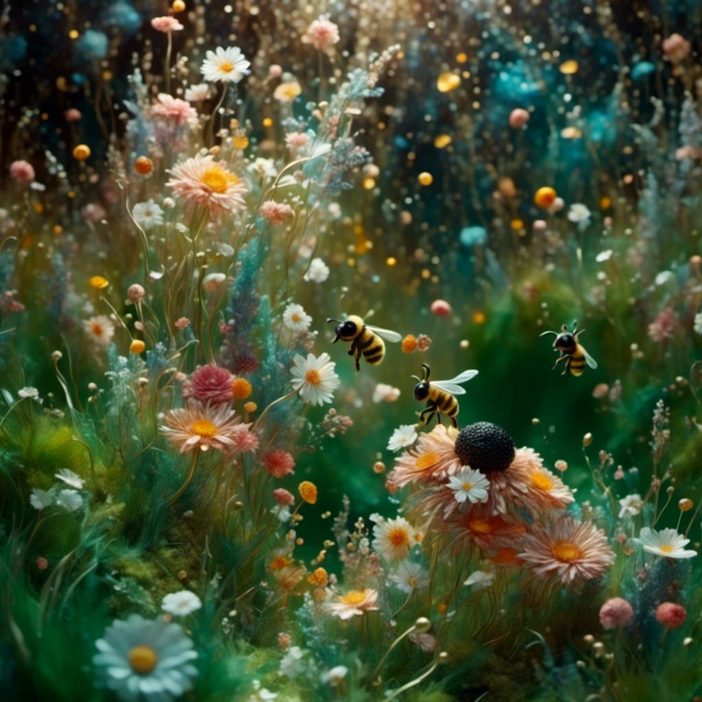 Whimsical Bee with Onyx Glow in Oil Painting Style