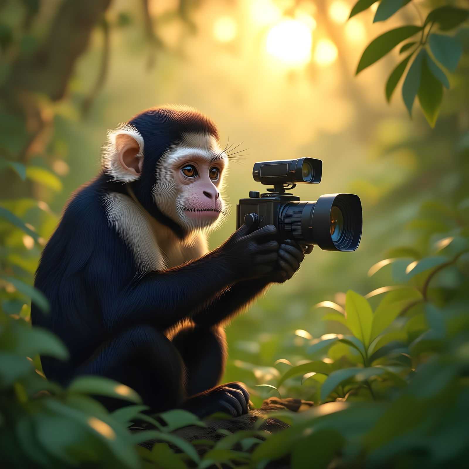 Capuchin Monkey Films Jungle Scene in Golden Hour Light