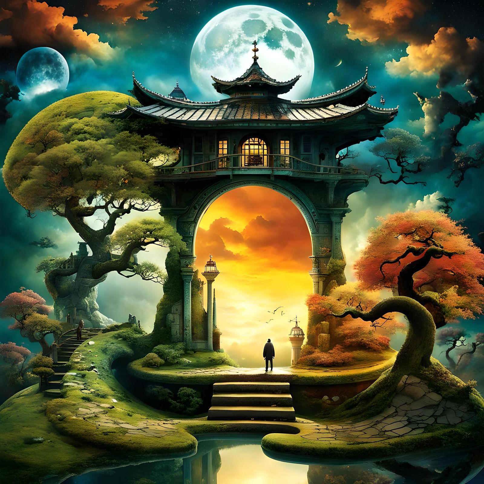 Surreal Stargate Scene with Bonsai and Cottages